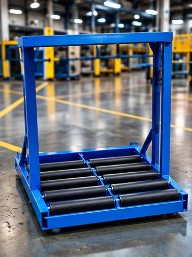 Blue industrial roller handling frame