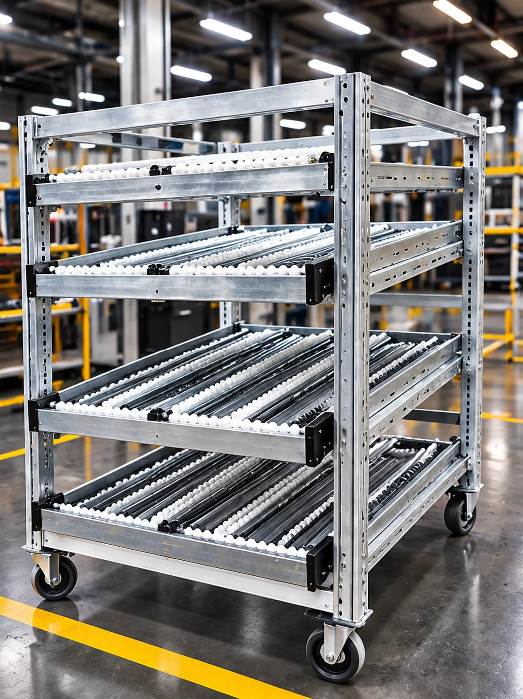 Mobile four-tier industrial flow rack with roller tracks
